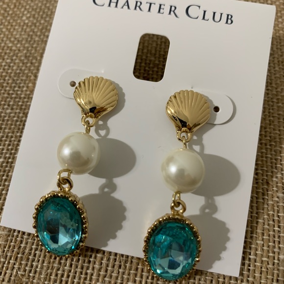 Charter Club Goldtone /Pearl/Aqua Earrings - Picture 2 of 9
